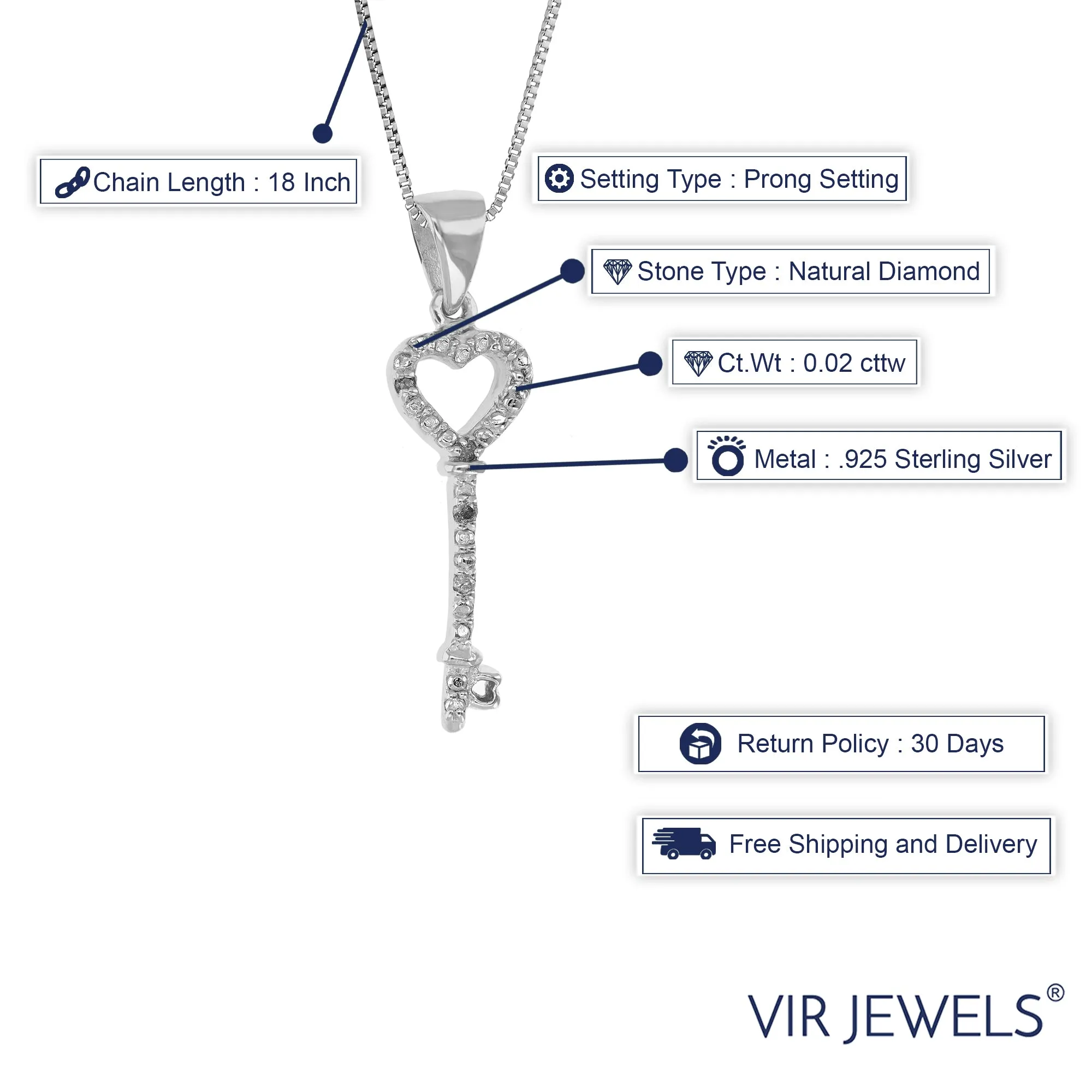 0.02 cttw Diamond Pendant, Diamond Key Pendant Necklace for Women in .925 Sterling Silver with 18 Inch Chain, Prong Setting