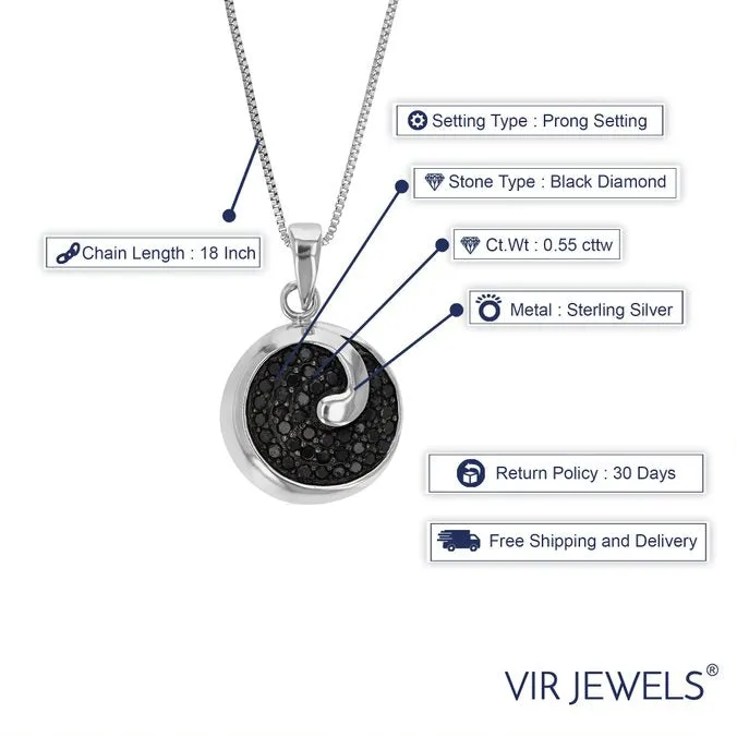 0.55 cttw Black Diamond Pendant Necklace .925 Sterling Silver With Rhodium