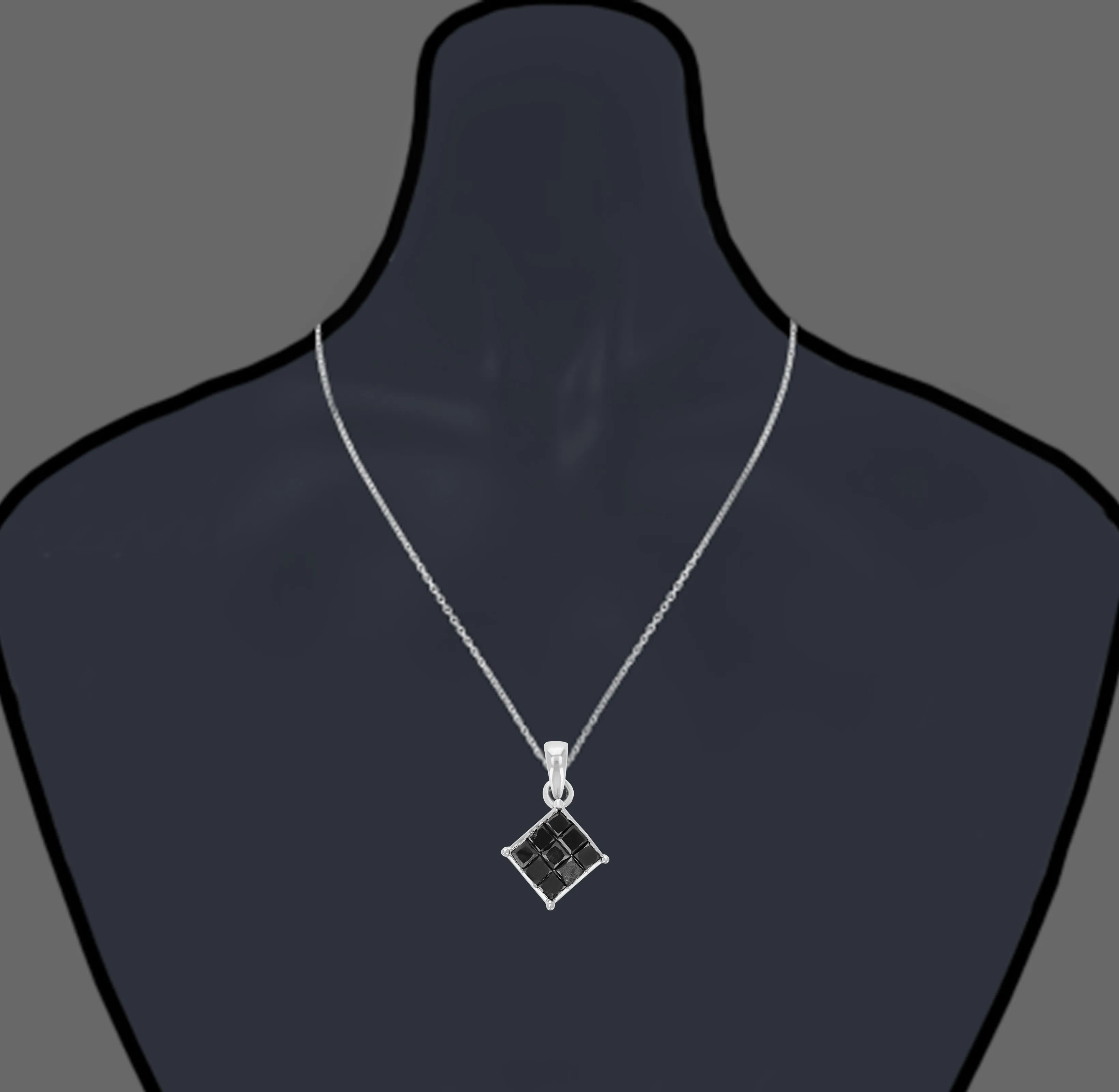 0.70 cttw Princess Cut Black Diamond Composite Pendant Necklace 10K White Gold