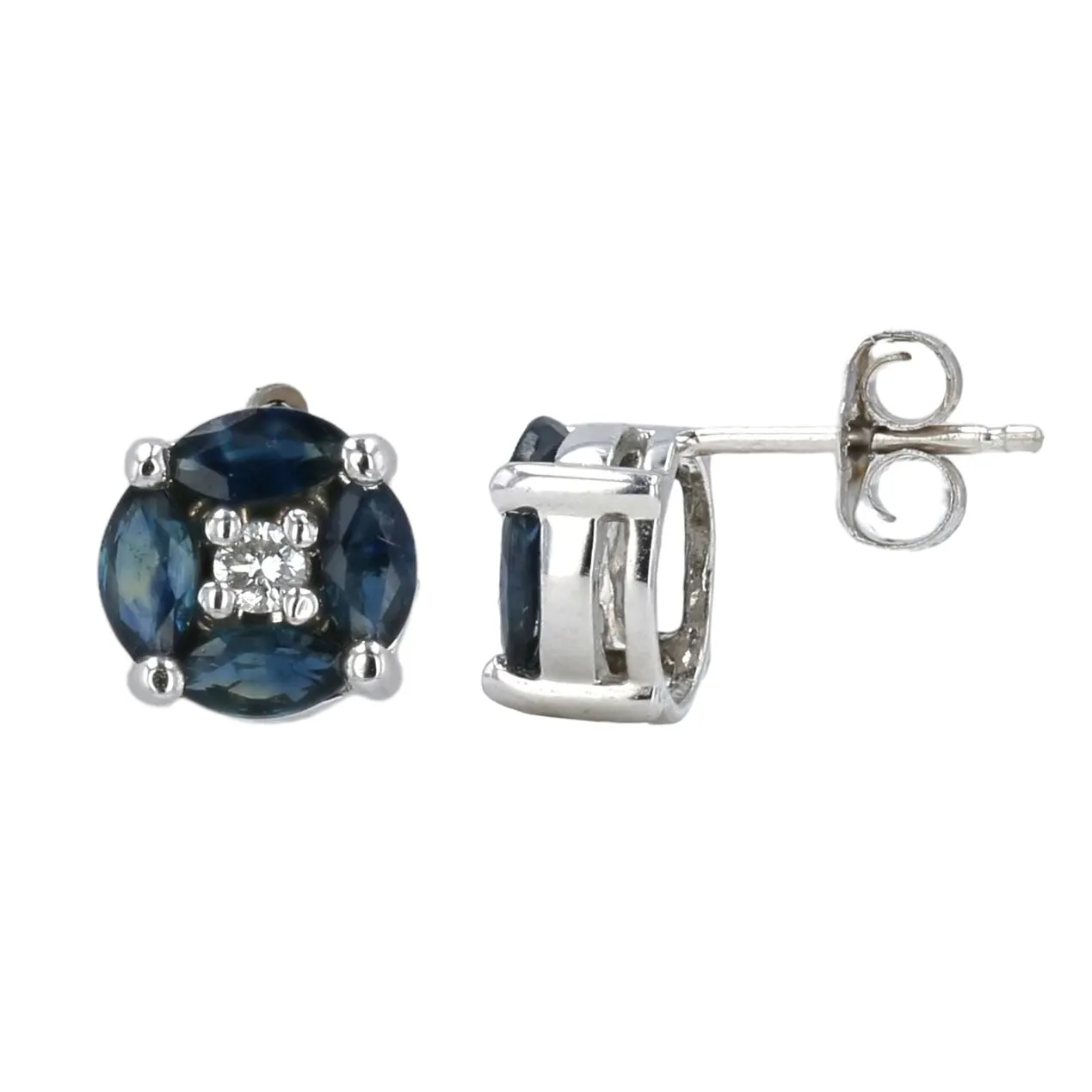 14k white gold blue sapphire rosette  earrings