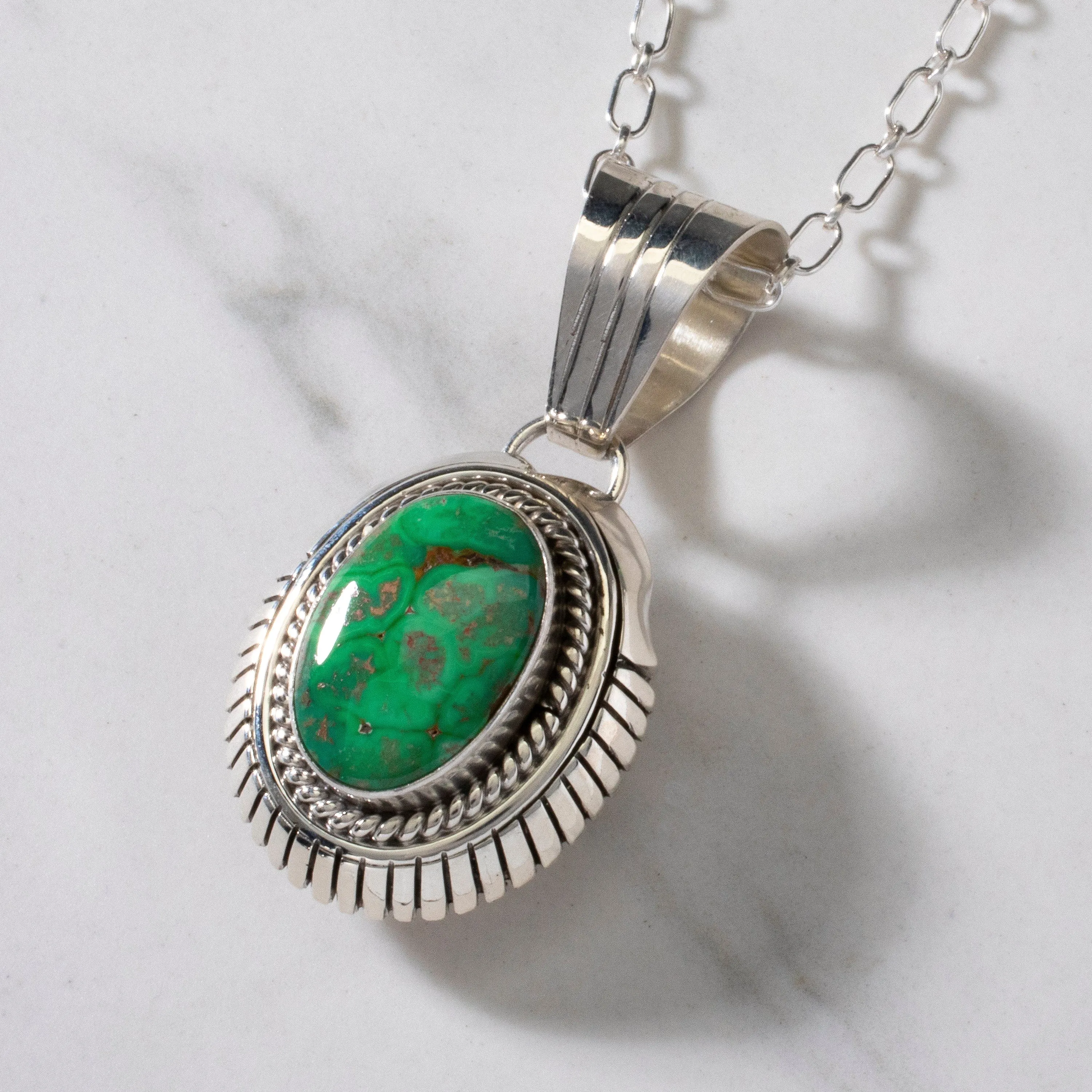 18 Gary Spencer Chrysocolla Navajo USA Native American Made 925 Sterling Silver Necklace