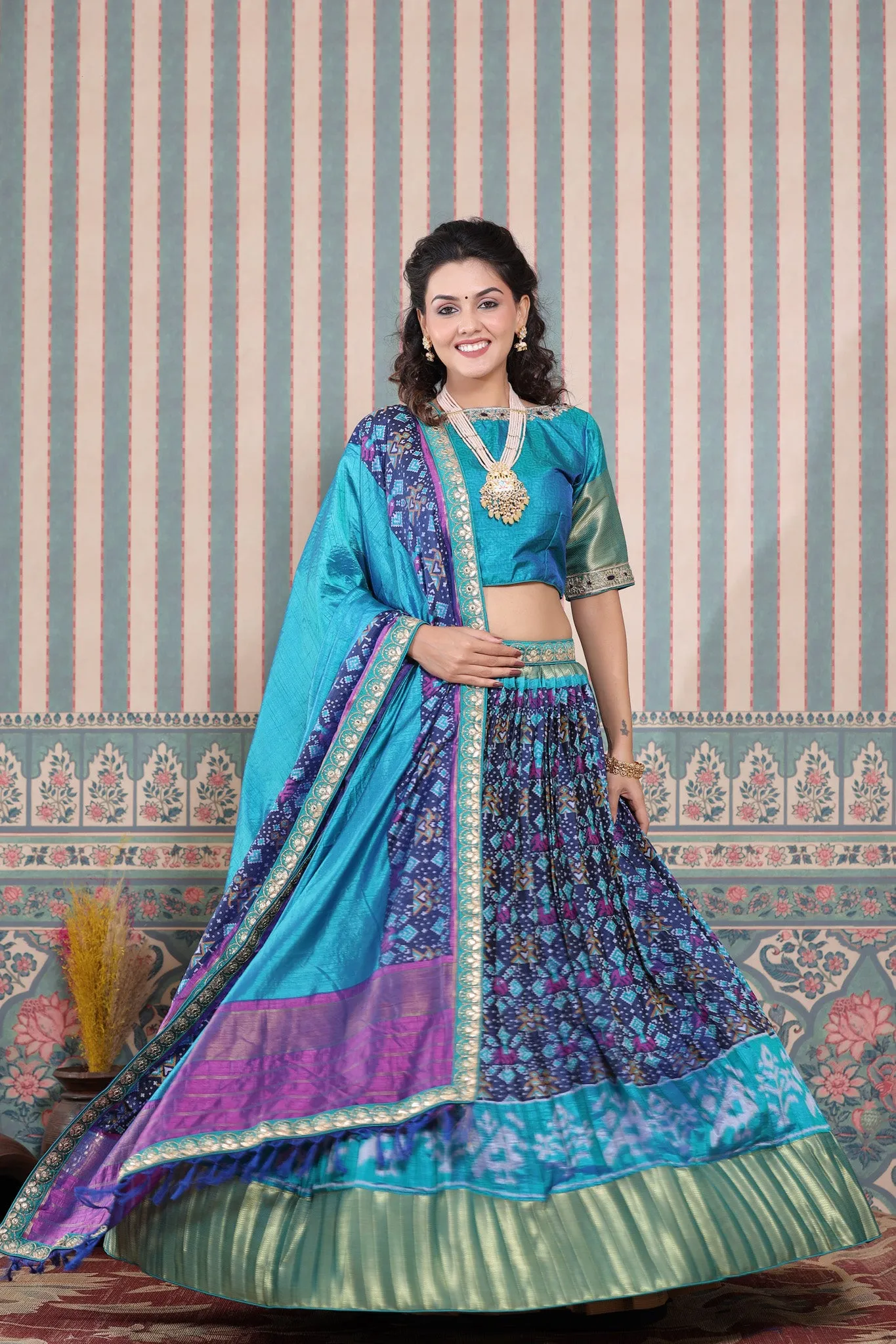 30Z237-RO Blue & Purple Dual Tone Lehenga Set With Bandhej Print