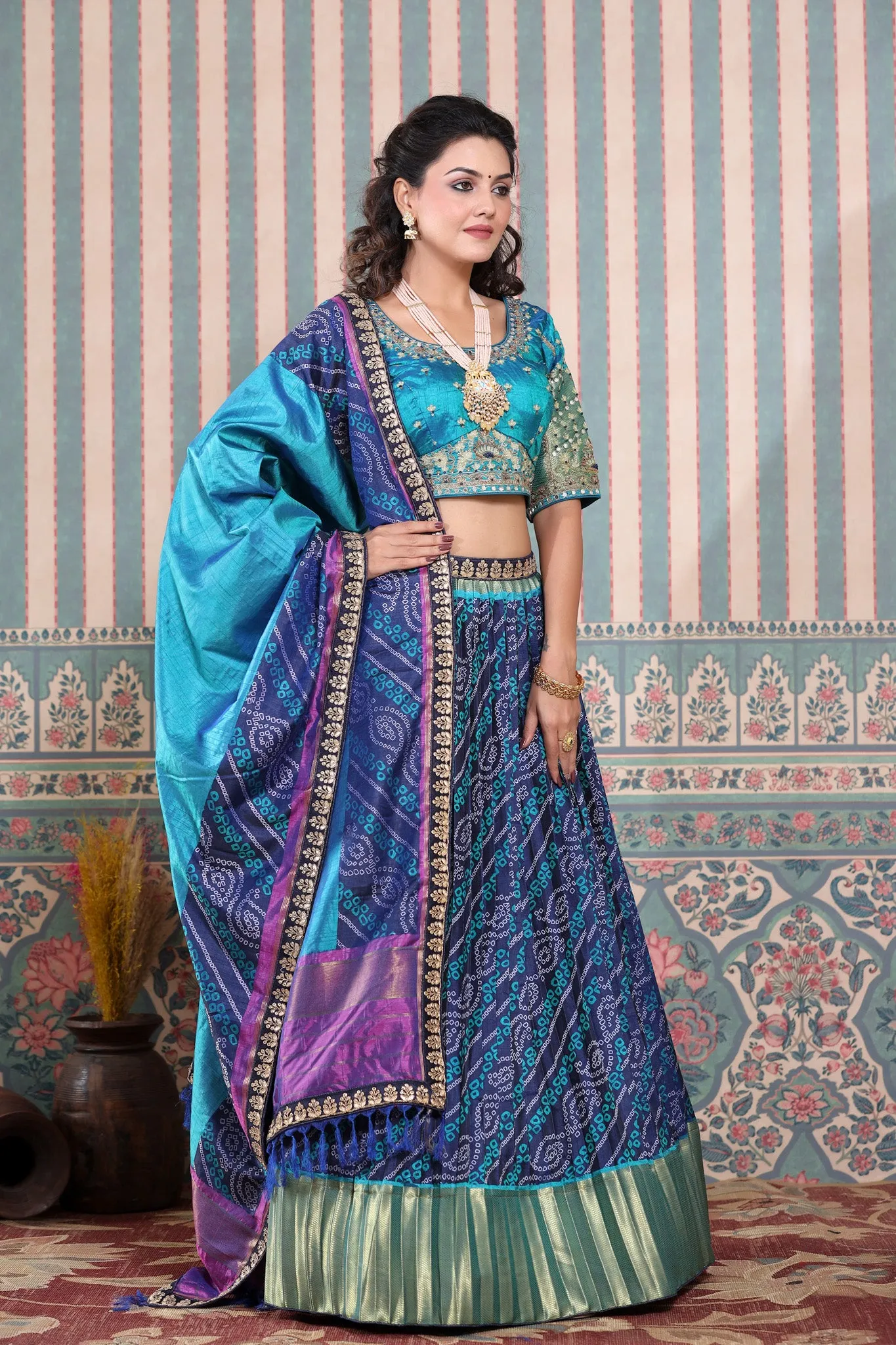 30Z237-RO Blue & Purple Dual Tone Lehenga Set With Bandhej Print