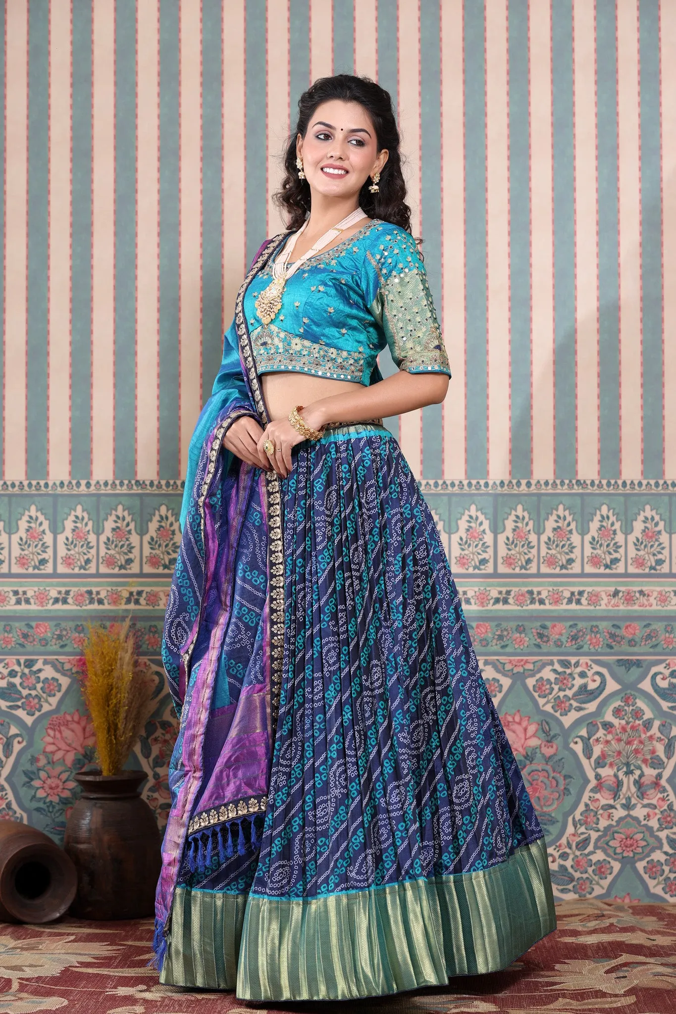 30Z237-RO Blue & Purple Dual Tone Lehenga Set With Bandhej Print