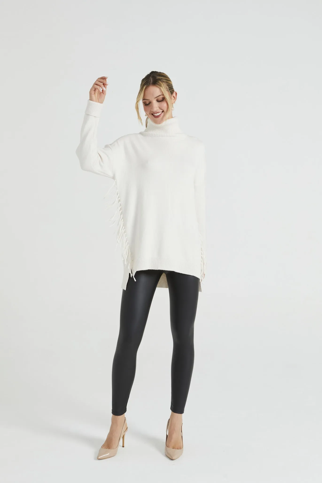 Angeleye High Neck Long Jumper With Side Tassles In Apricot