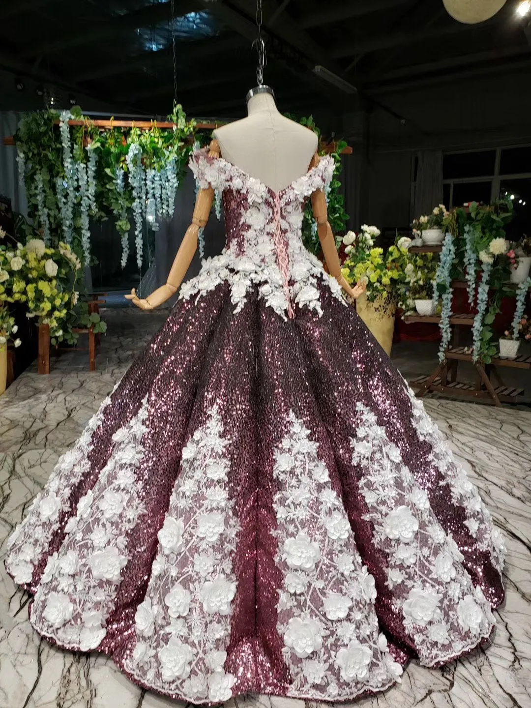 Ball Gown Off the Shoulder V Neck Satin Prom Dresses with Hand Made Flowers, Quinceanera Dress STK15064