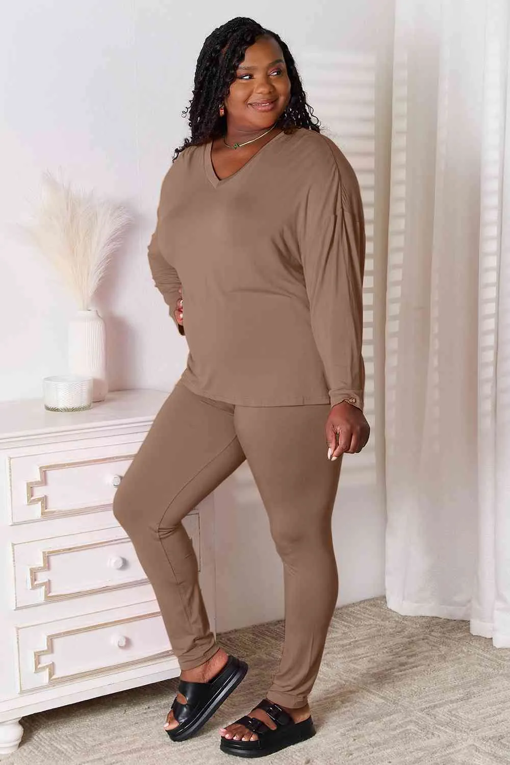 Basic Bae Full Size V-Neck Soft Rayon Long Sleeve Top and Pants Lounge Set