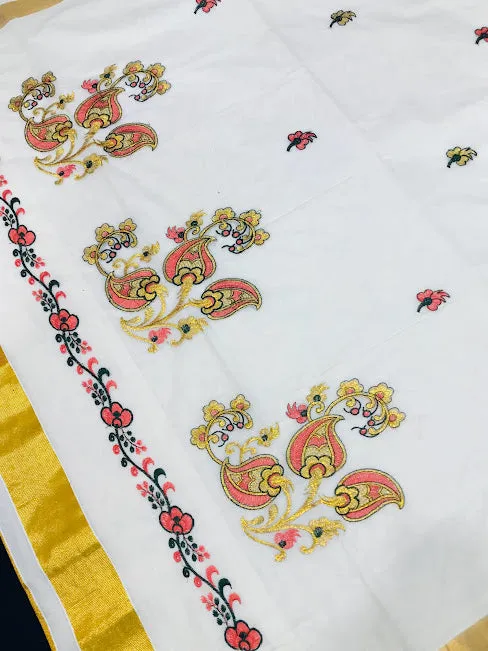 Beautiful Kerala Kasavu Cotton Embroidery Saree With Golden Zari Border