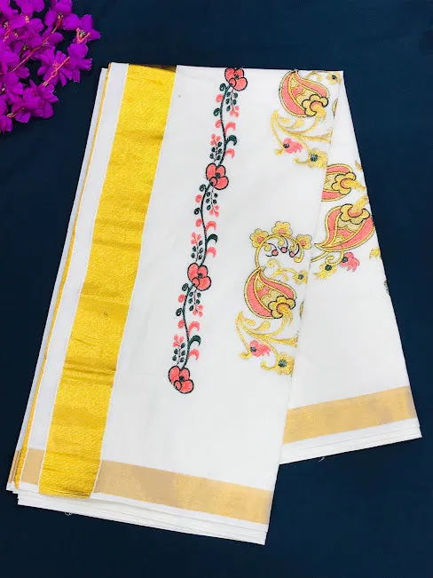 Beautiful Kerala Kasavu Cotton Embroidery Saree With Golden Zari Border