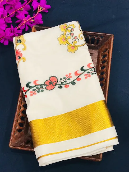 Beautiful Kerala Kasavu Cotton Embroidery Saree With Golden Zari Border