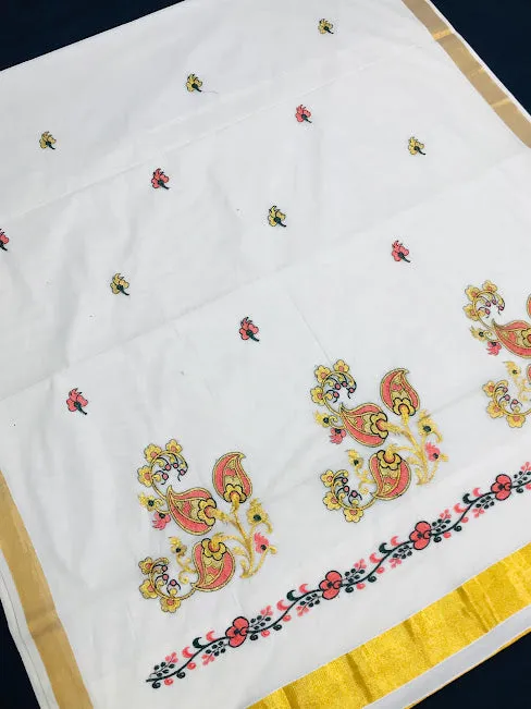 Beautiful Kerala Kasavu Cotton Embroidery Saree With Golden Zari Border