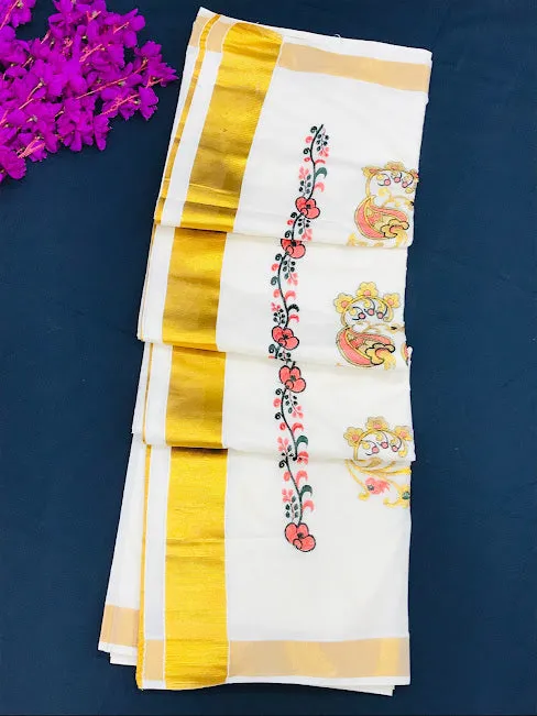 Beautiful Kerala Kasavu Cotton Embroidery Saree With Golden Zari Border