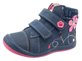 Beeko Girl's Nellie Double Hook and Loop Closure Flower Sneaker Shoes, Navy Blue