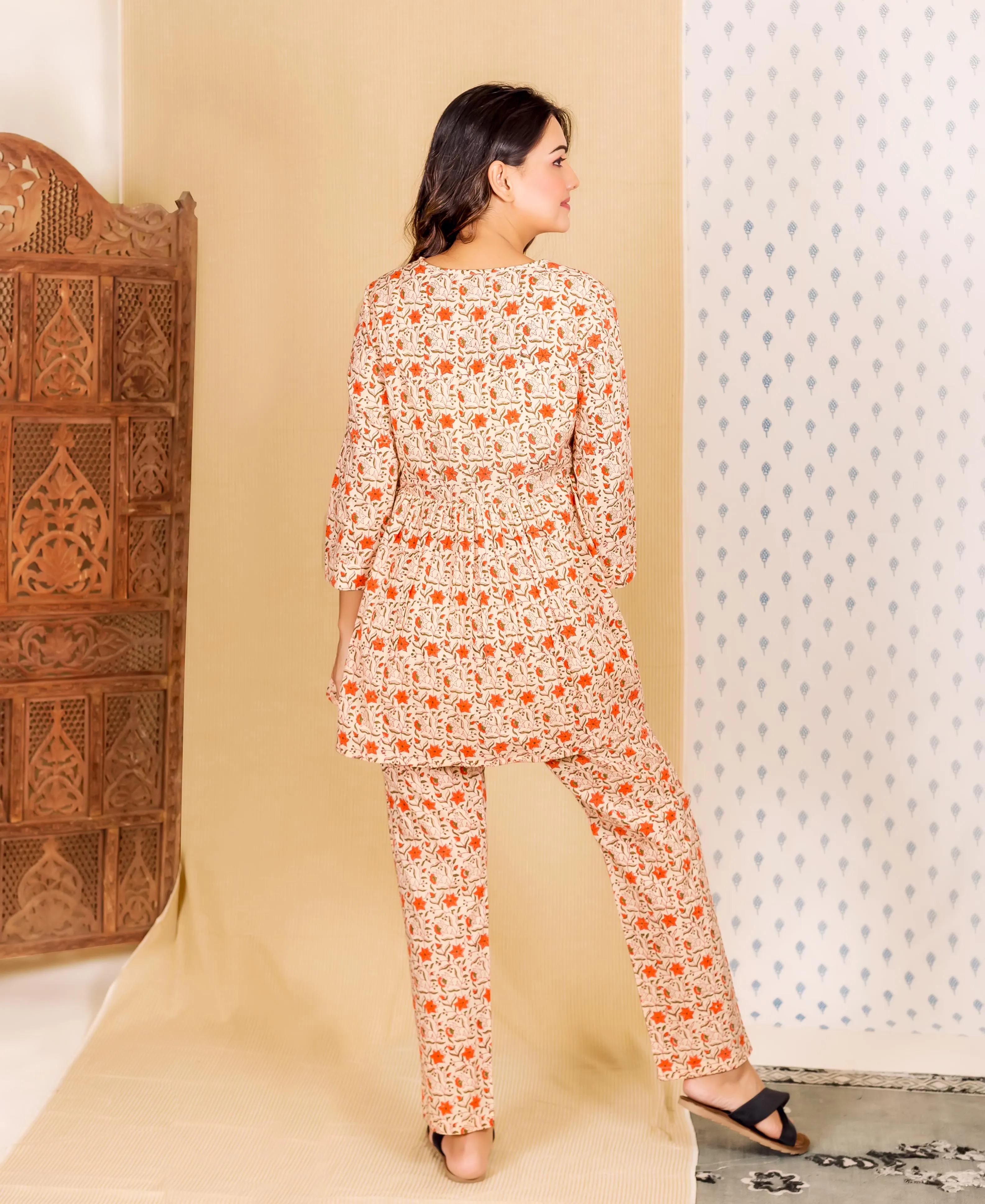 Beige and Orange Hand Block Printed Night Suit