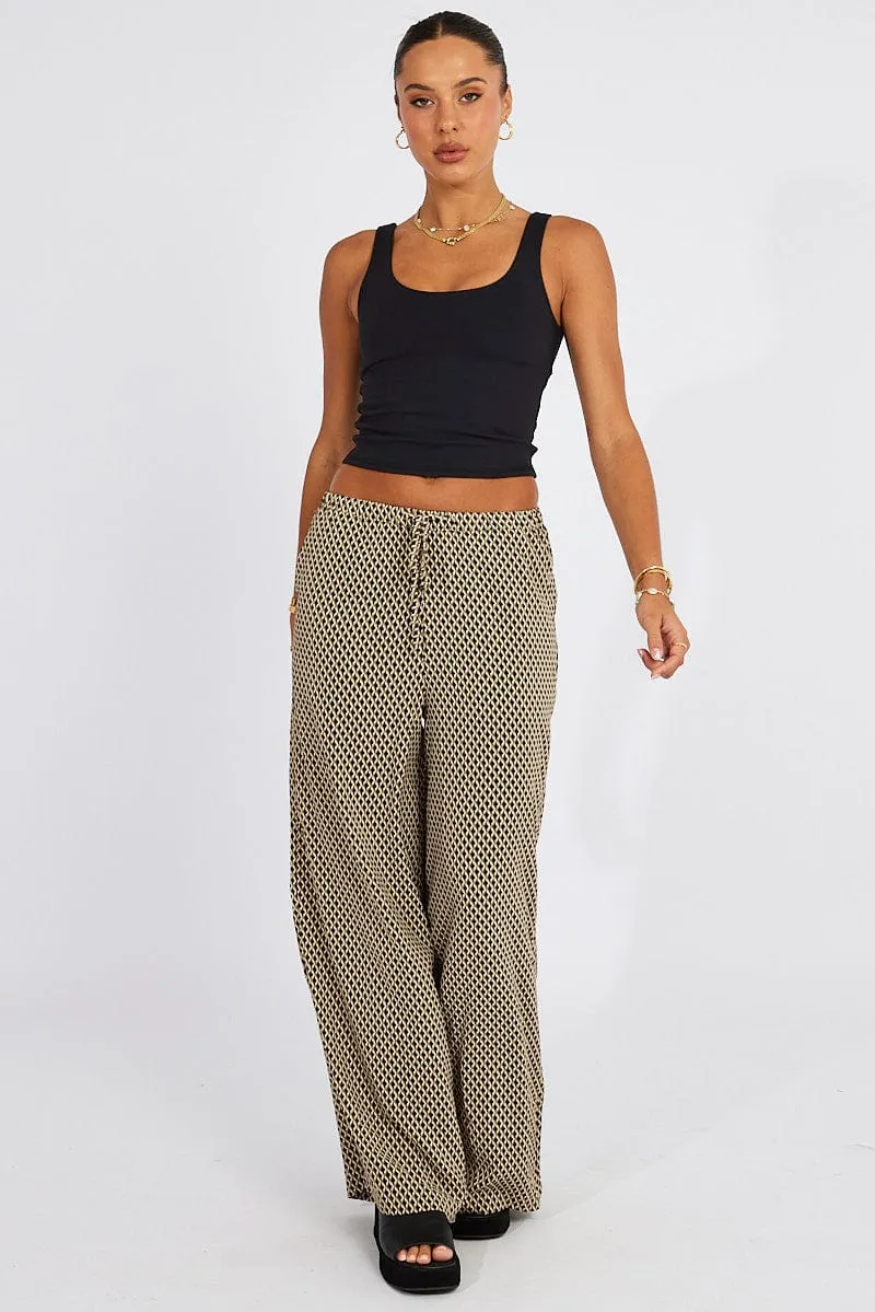 Beige Geo Wide Leg Pants Drawstring Waist