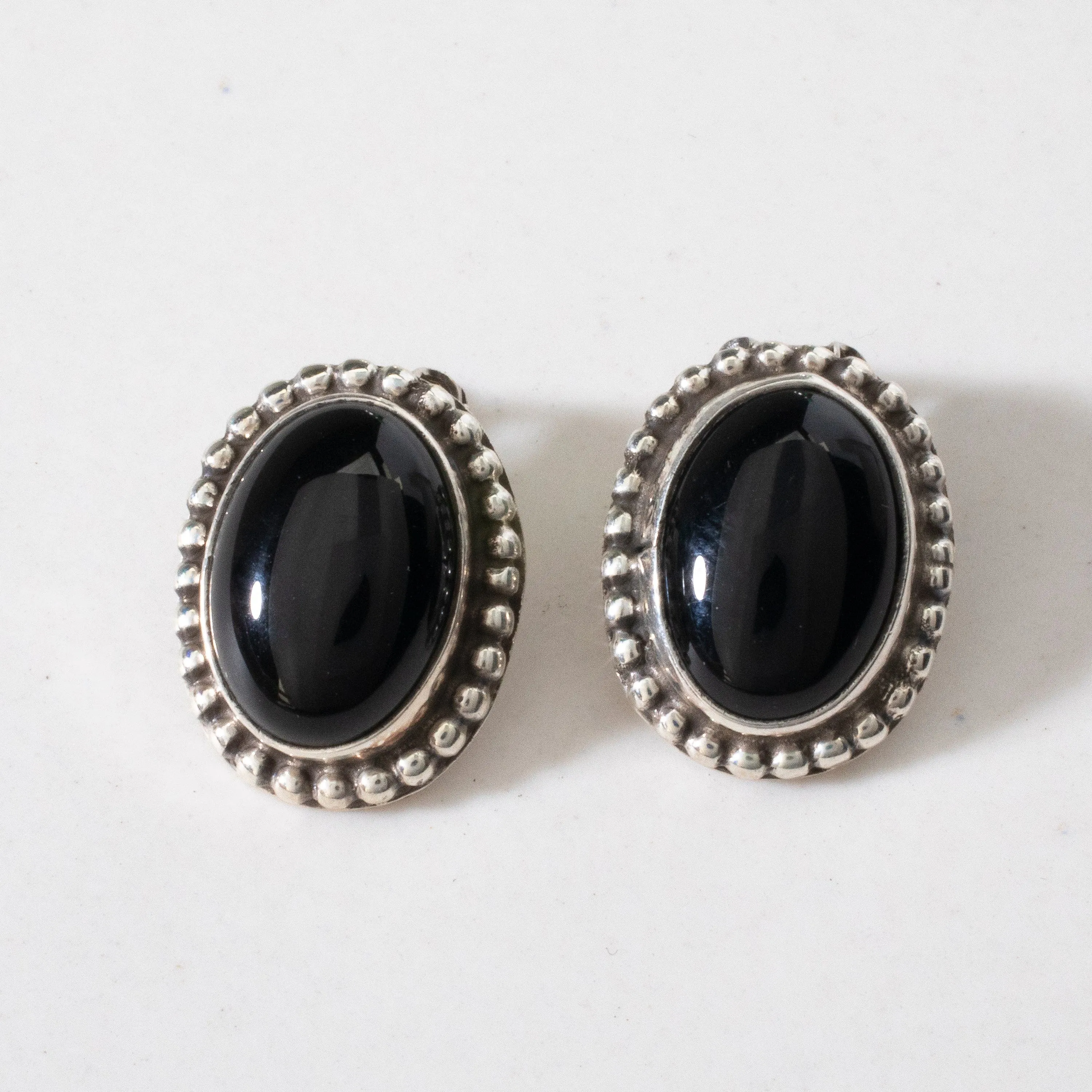 Black Onyx Oval Navajo USA Native American Made 925 Sterling Silver Earrings with Clip On Backing