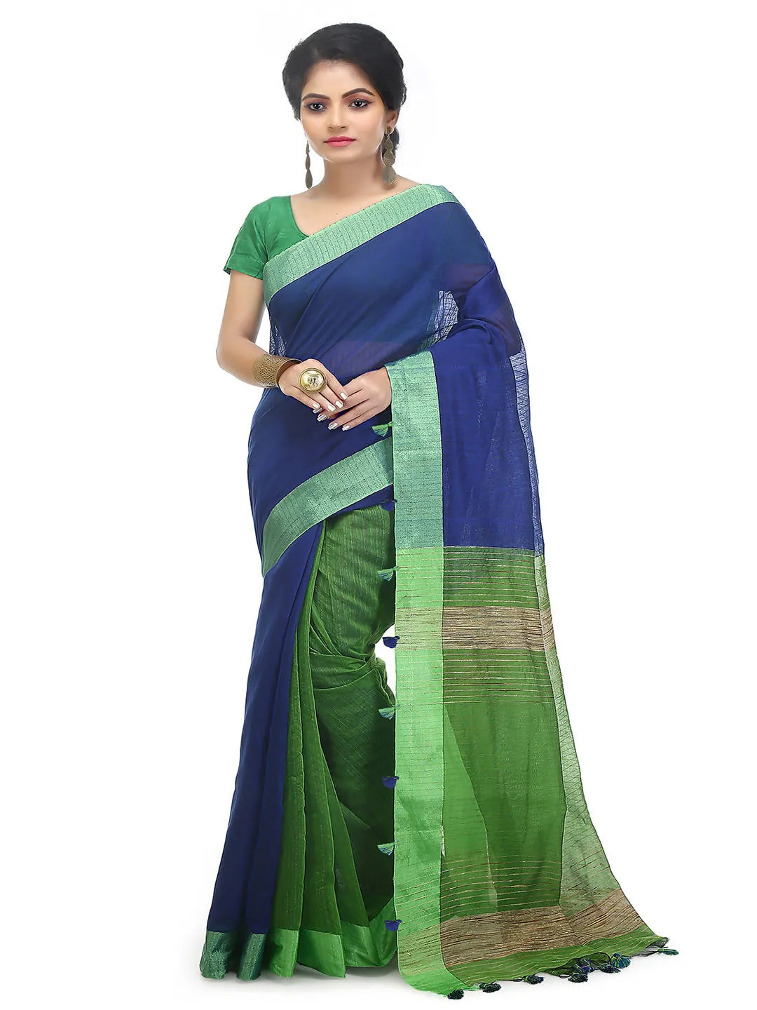 Blue green bengal handloom cotton blend saree