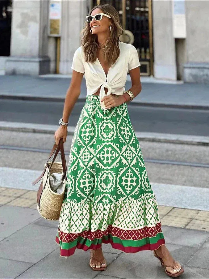 Boho Ruffle Print Asymmetrical Maxi Skirt for Women