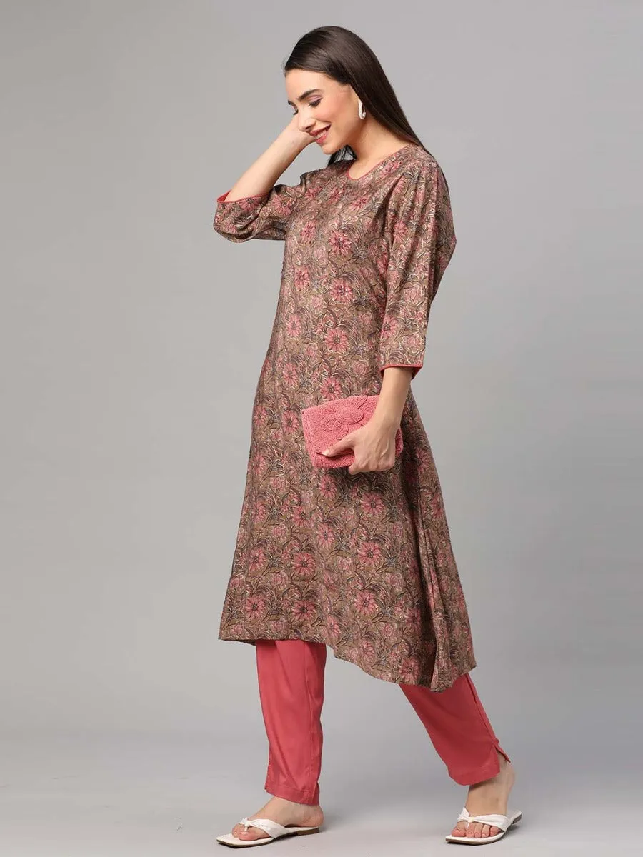 Brown Floral Kurta Trouser Dupatta