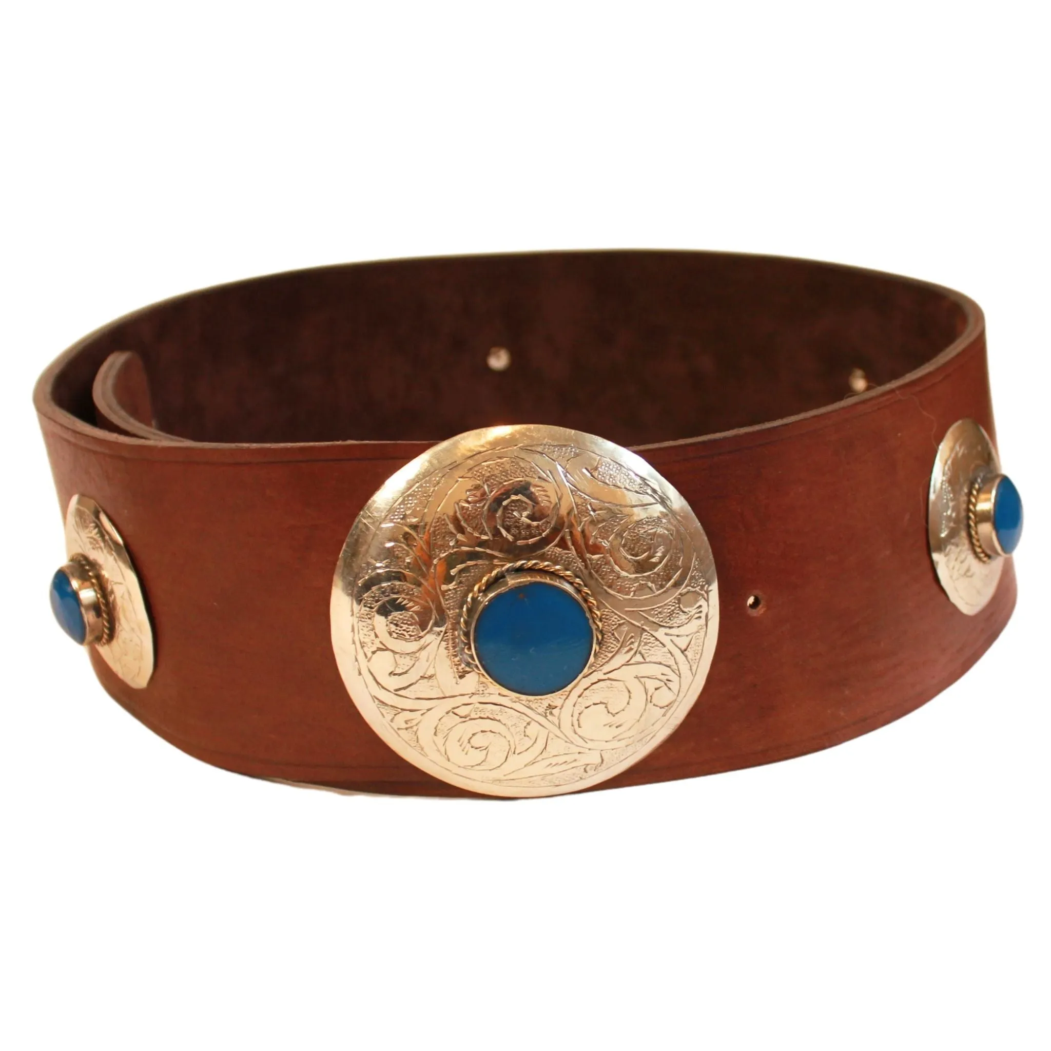 Brown Leather Belt with Blue Metal Details