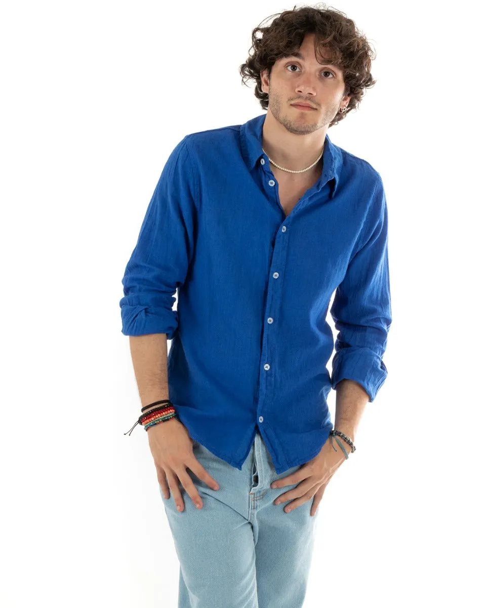 Camicia Uomo Con Colletto Slim Fit Lino Tinta Unita Maniche Lunghe Blu Royal GIOSAL-C2770A