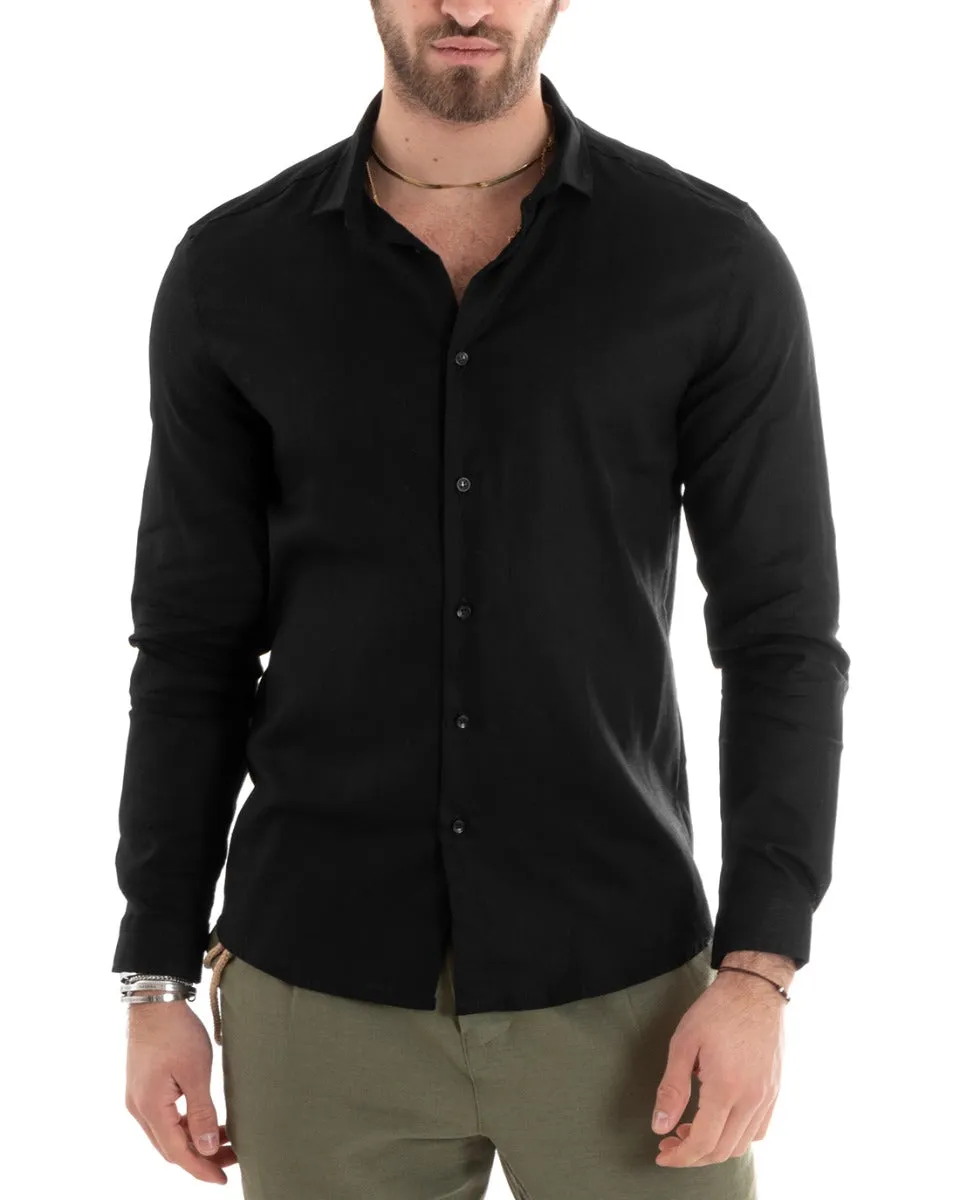 Camicia Uomo Con Colletto Tinta Unita Nera Lino Manica Lunga Casual Sartoriale GIOSAL-C2715A