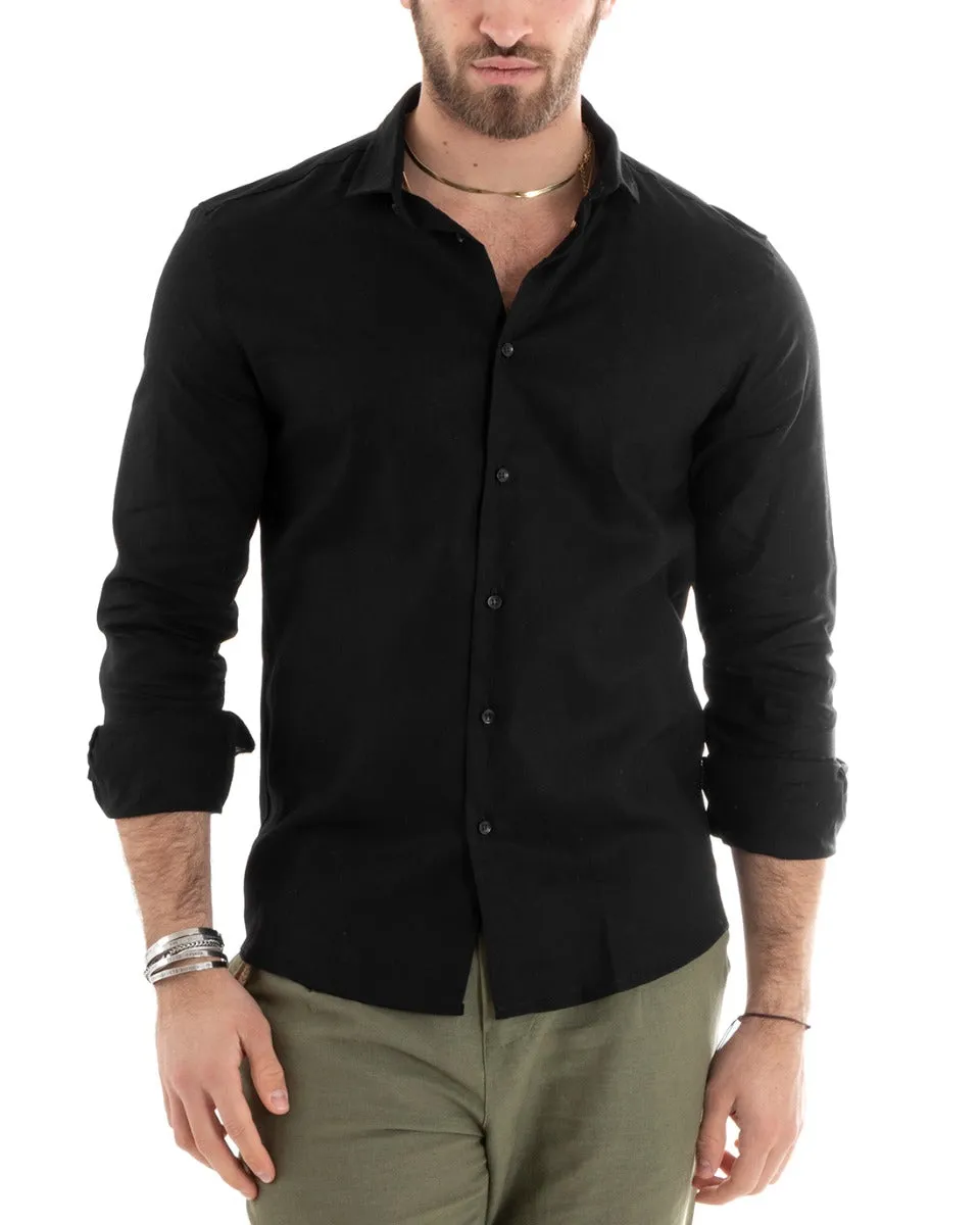 Camicia Uomo Con Colletto Tinta Unita Nera Lino Manica Lunga Casual Sartoriale GIOSAL-C2715A