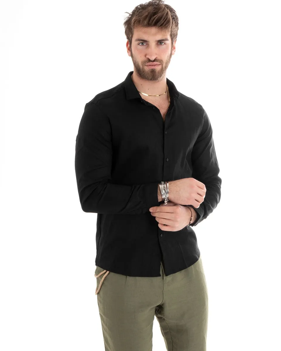 Camicia Uomo Con Colletto Tinta Unita Nera Lino Manica Lunga Casual Sartoriale GIOSAL-C2715A