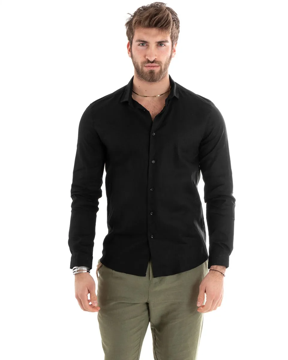 Camicia Uomo Con Colletto Tinta Unita Nera Lino Manica Lunga Casual Sartoriale GIOSAL-C2715A