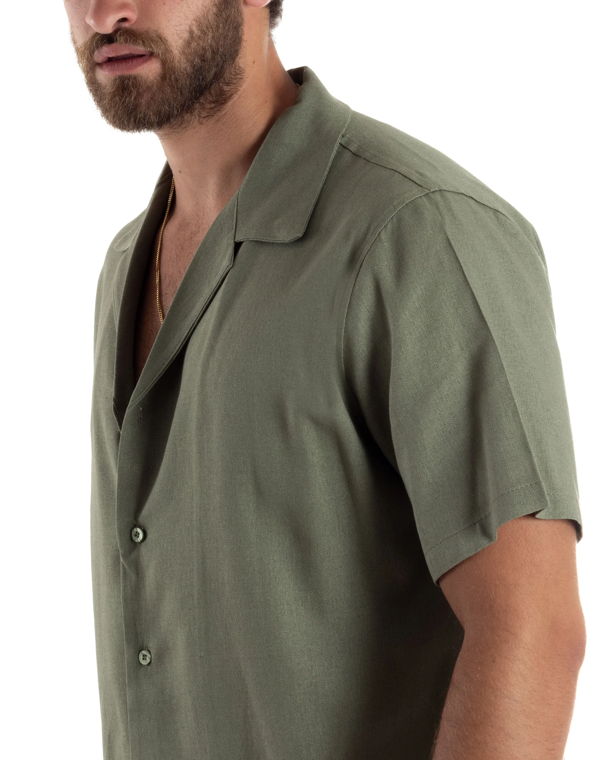 Camicia Uomo Lino Mezze Maniche Con Bottoncini Colletto Bowling Collo Con Revers Casual Boxy Fit Tinta Unita Verde GIOSAL-CC1209A