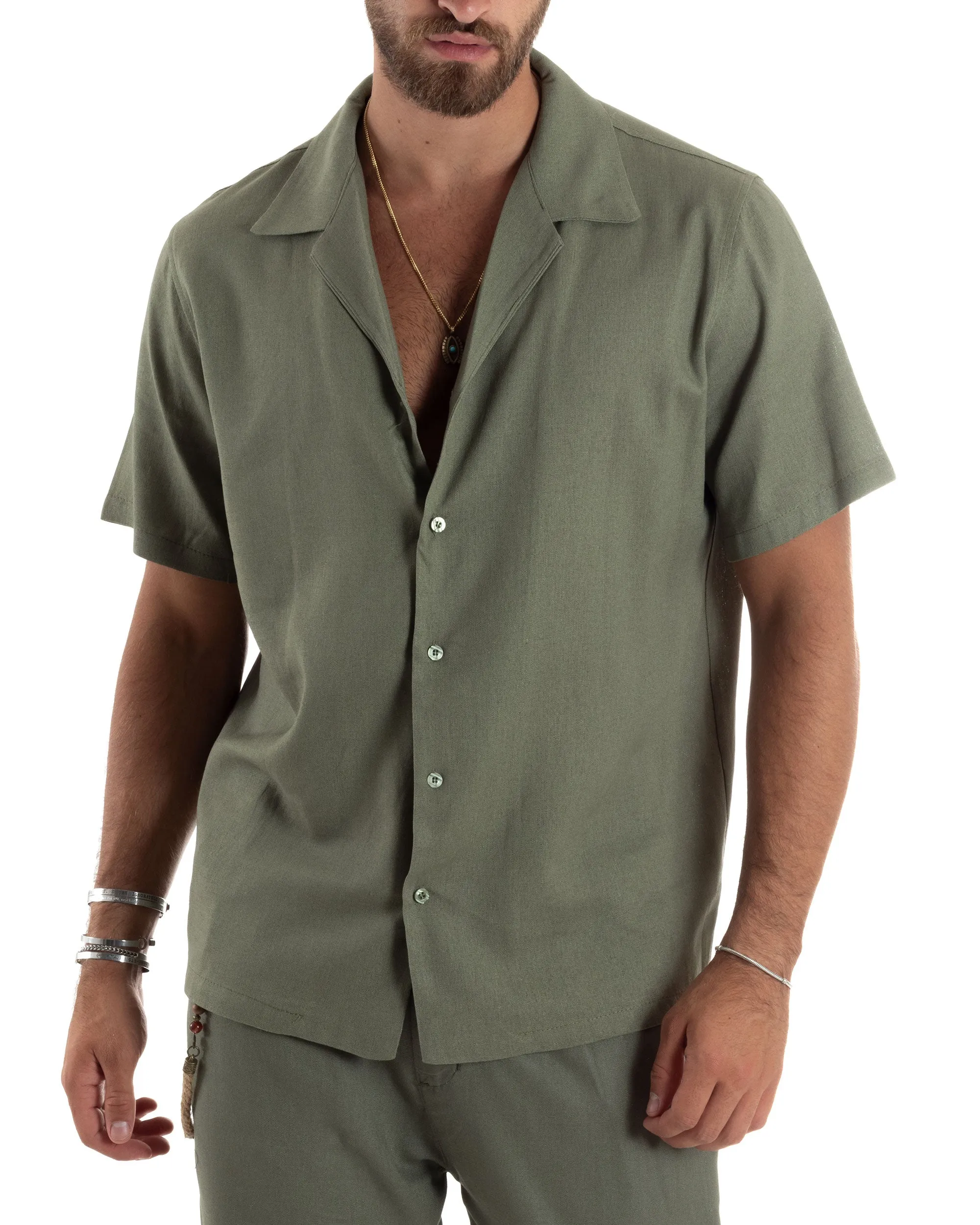 Camicia Uomo Lino Mezze Maniche Con Bottoncini Colletto Bowling Collo Con Revers Casual Boxy Fit Tinta Unita Verde GIOSAL-CC1209A