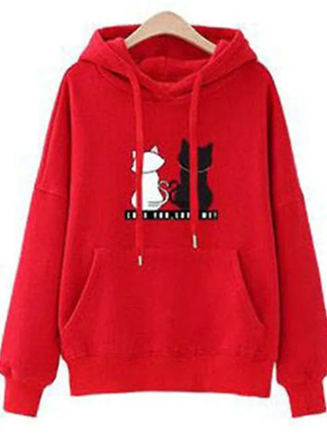 Cat Print Plus Size Hooded Sweatshirt for Women