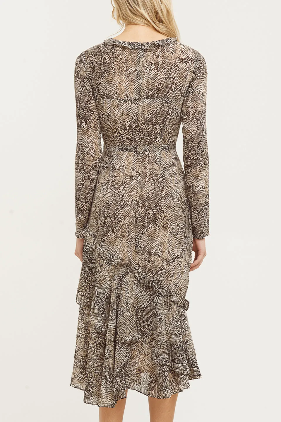 Cobra Print LS Sand Frill Midi Dress