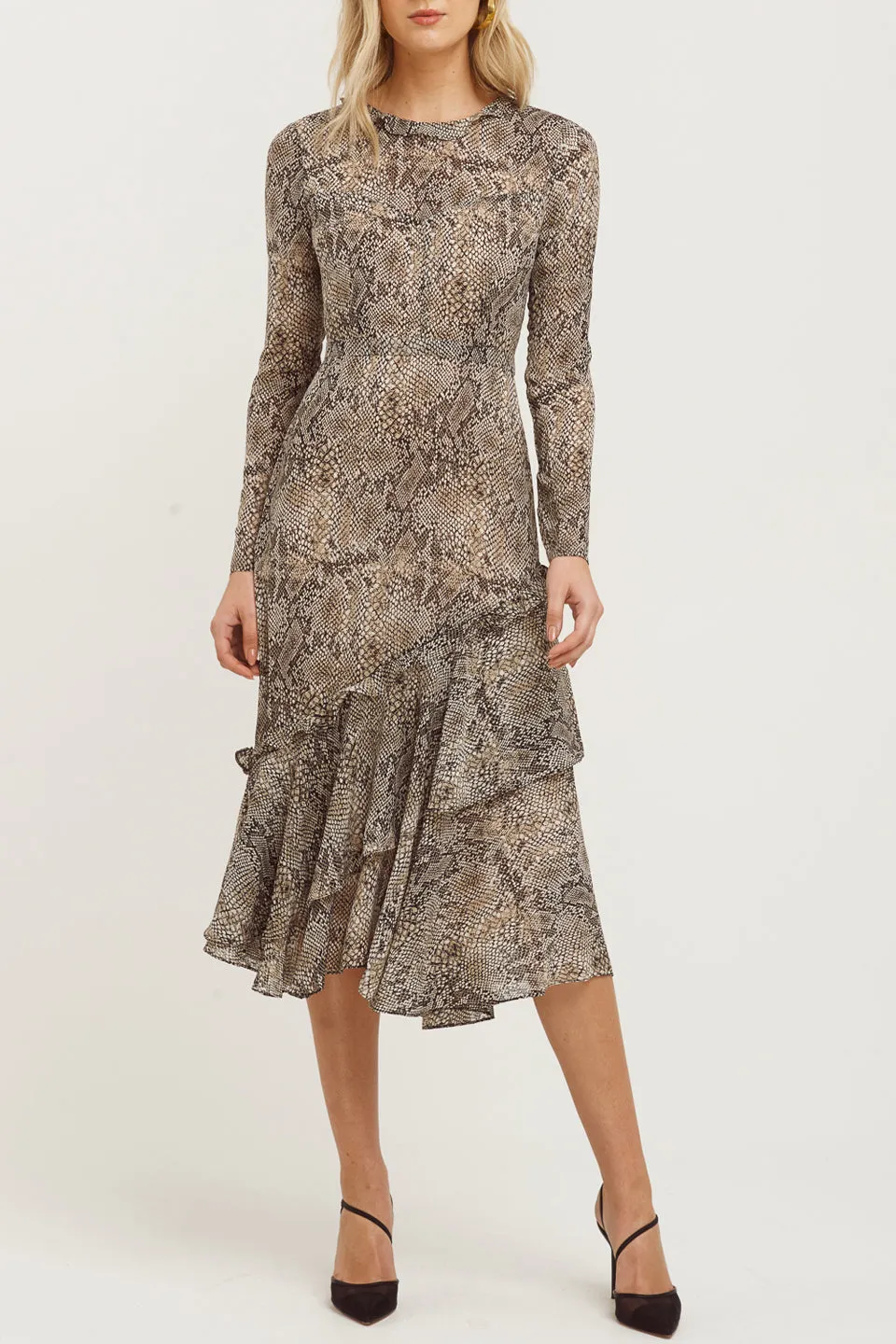 Cobra Print LS Sand Frill Midi Dress