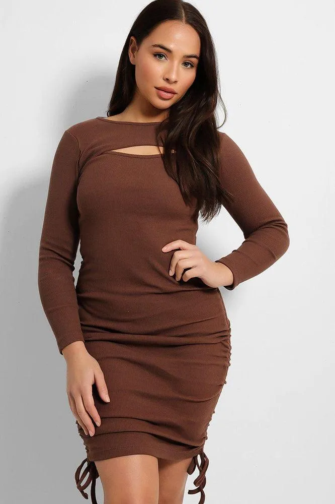 Cut Out Neckline Drawstring Sides Bodycon Dress