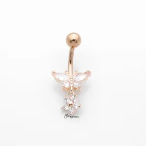 CZ Butterfly with Dangle Flower Belly Button Navel Ring - Rose Gold