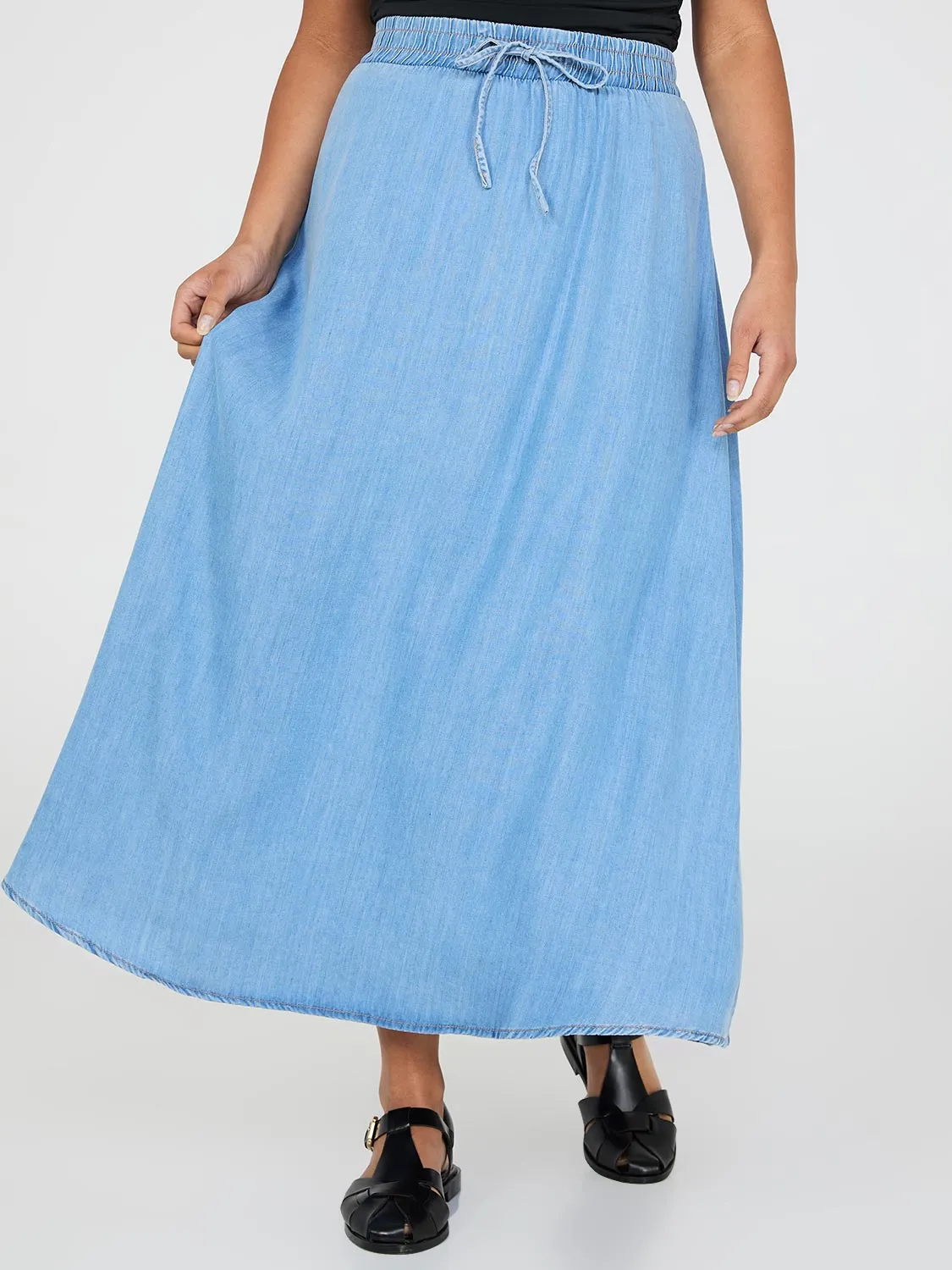 Denim Drawstring A-Line Midi Skirt