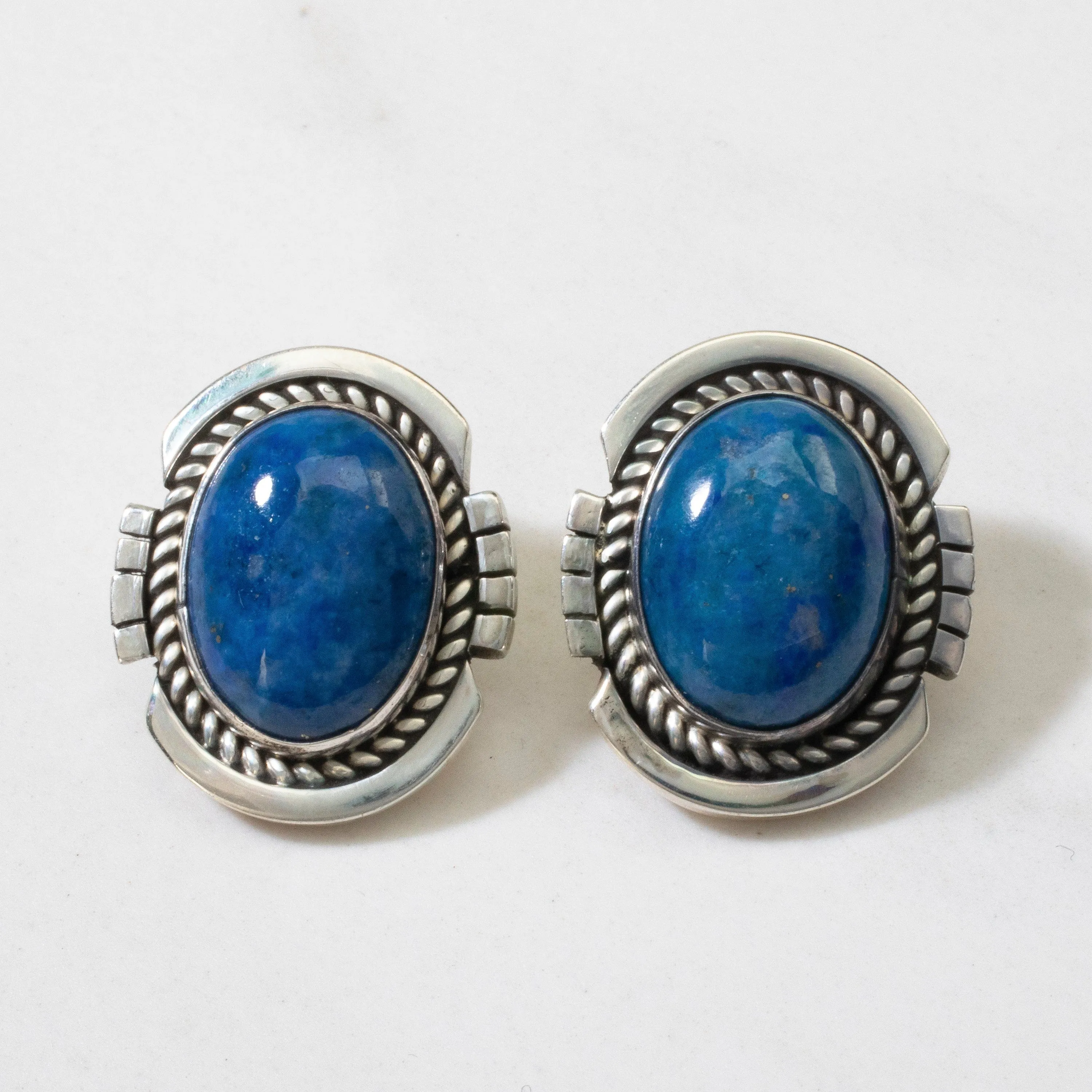 Denim Lapis Oval Navajo USA Native American Made 925 Sterling Silver Earrings with Stud Backing