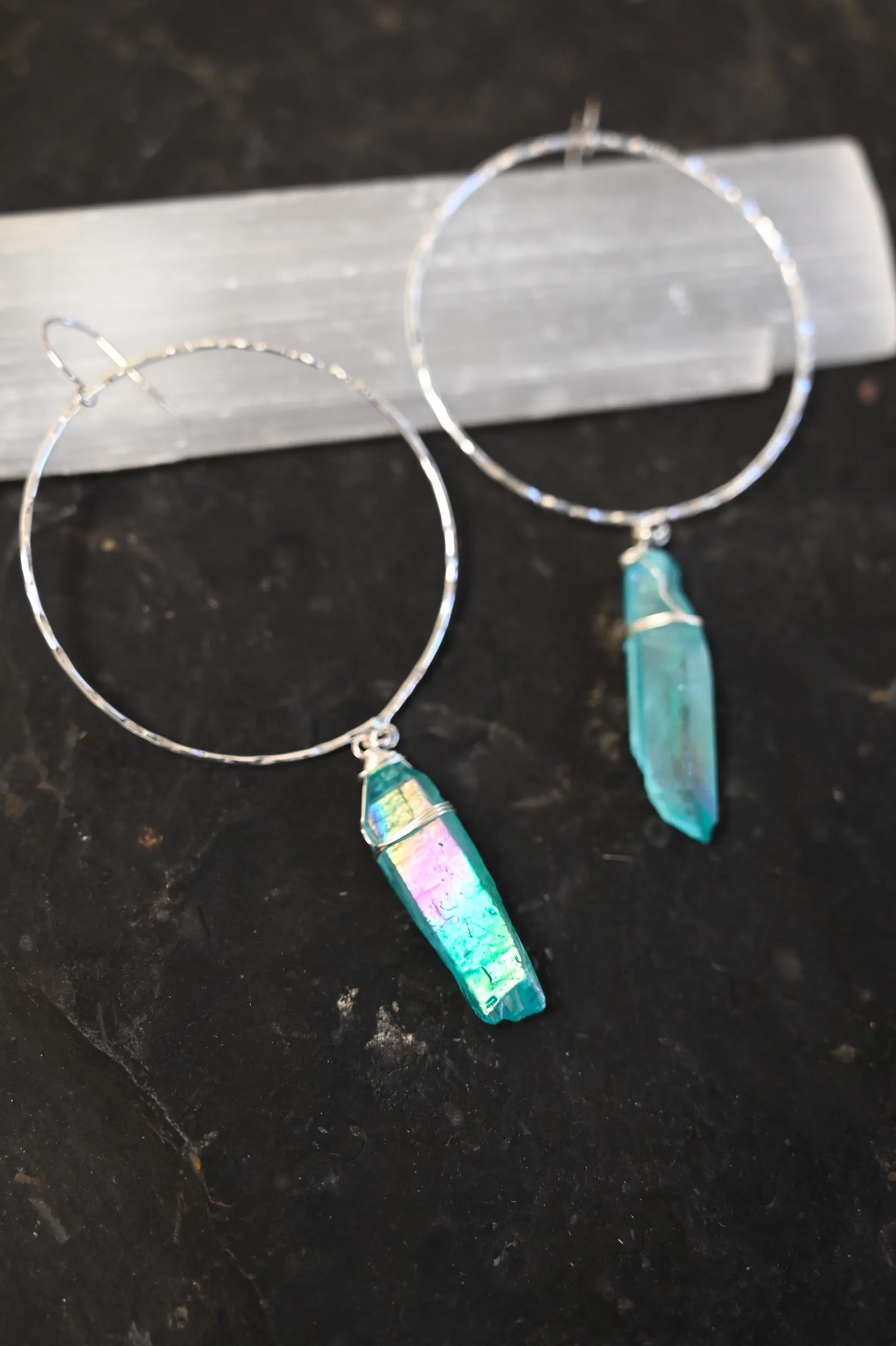 Dreamer Blue Angel Aura Quartz Silver Hoops