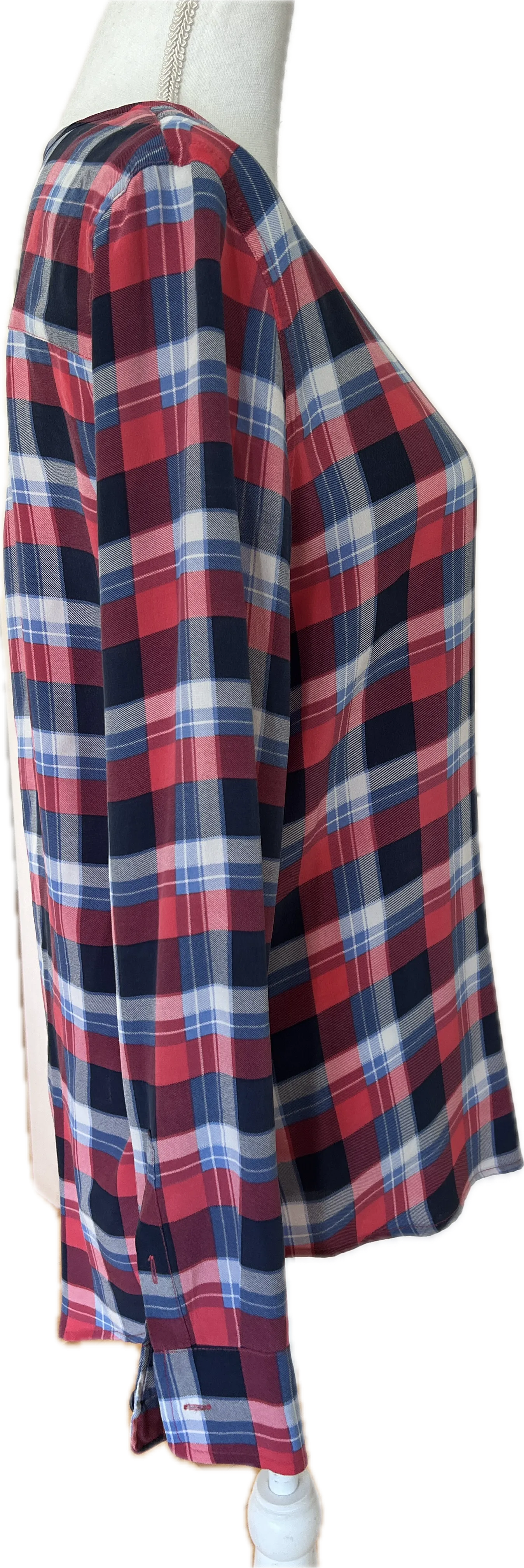 Equipment Red and Blue Plaid Collarless Silk Shirt, S