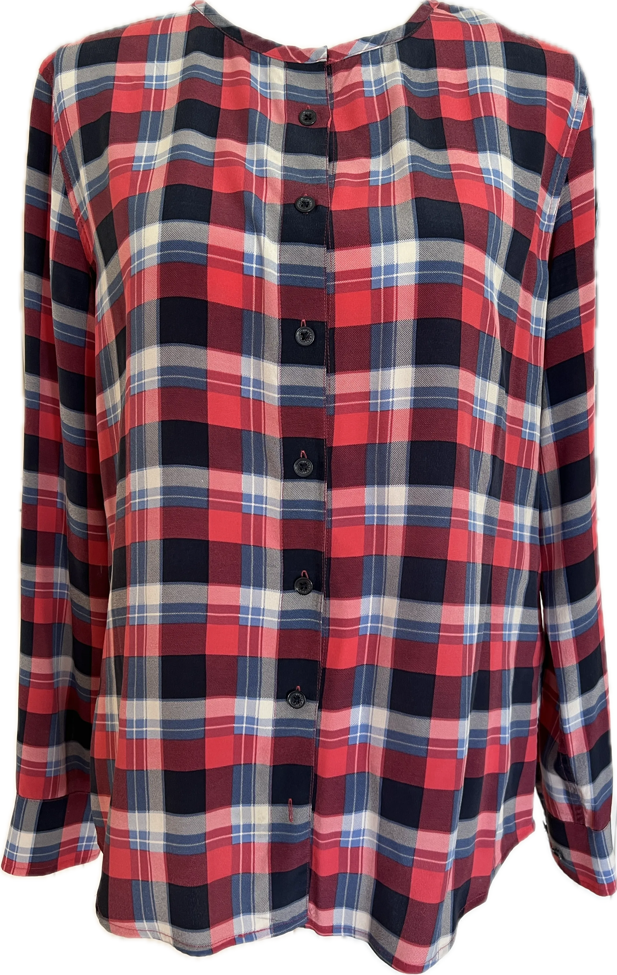 Equipment Red and Blue Plaid Collarless Silk Shirt, S