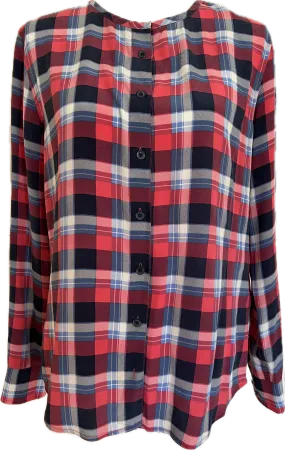 Equipment Red and Blue Plaid Collarless Silk Shirt, S