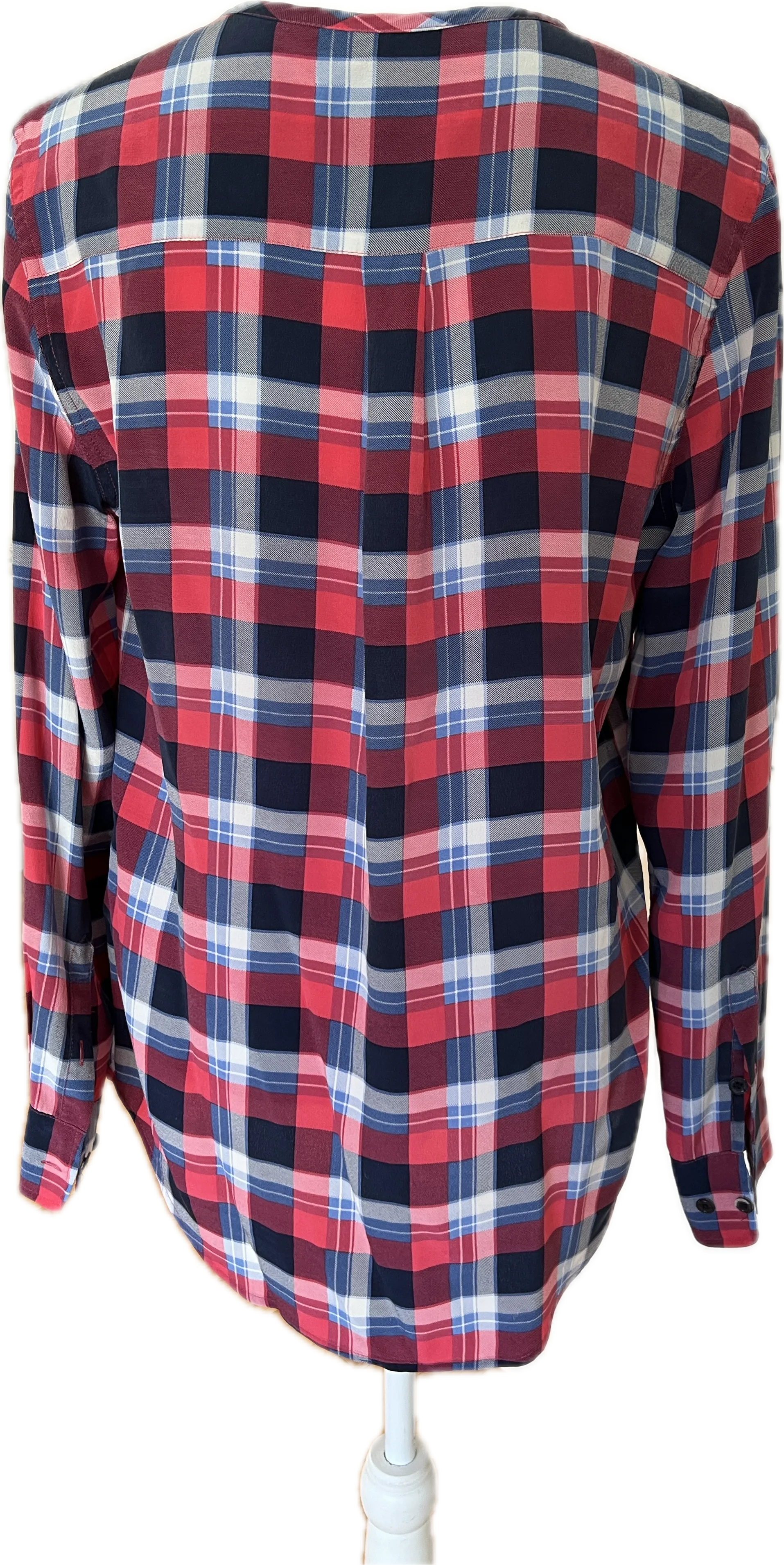 Equipment Red and Blue Plaid Collarless Silk Shirt, S