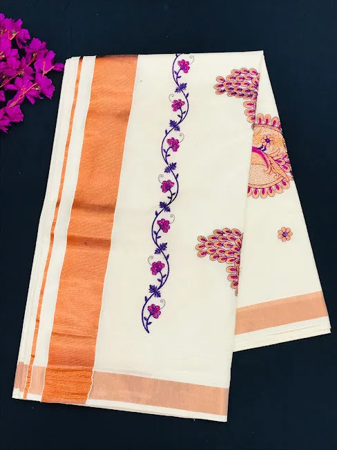 Fabulous Kerala Cotton Peacock Embroidery Saree With Copper Zari Border