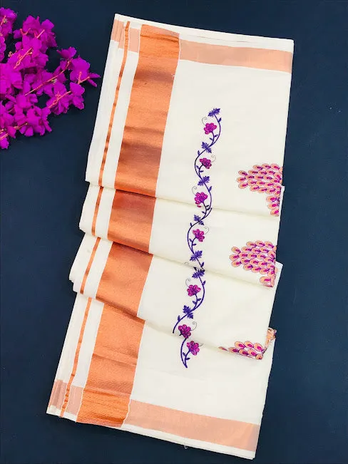 Fabulous Kerala Cotton Peacock Embroidery Saree With Copper Zari Border