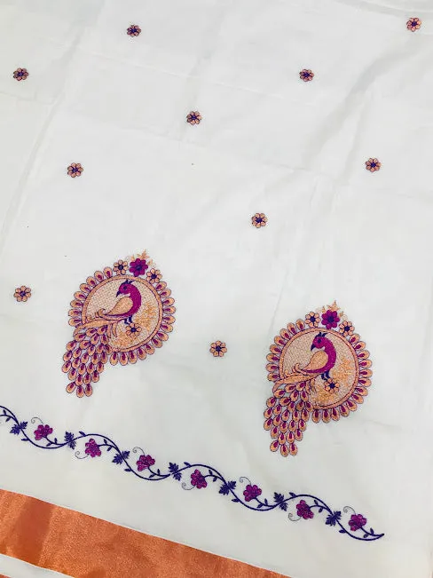 Fabulous Kerala Cotton Peacock Embroidery Saree With Copper Zari Border