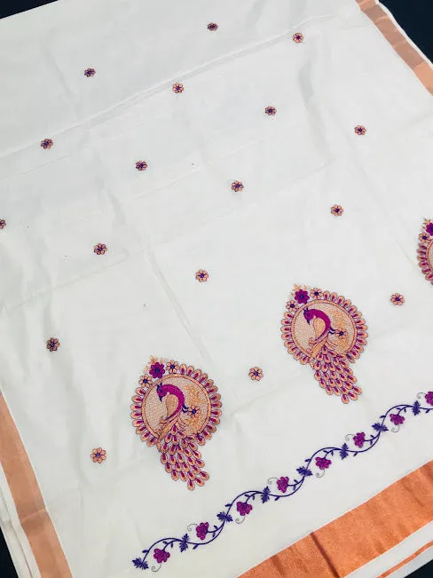 Fabulous Kerala Cotton Peacock Embroidery Saree With Copper Zari Border