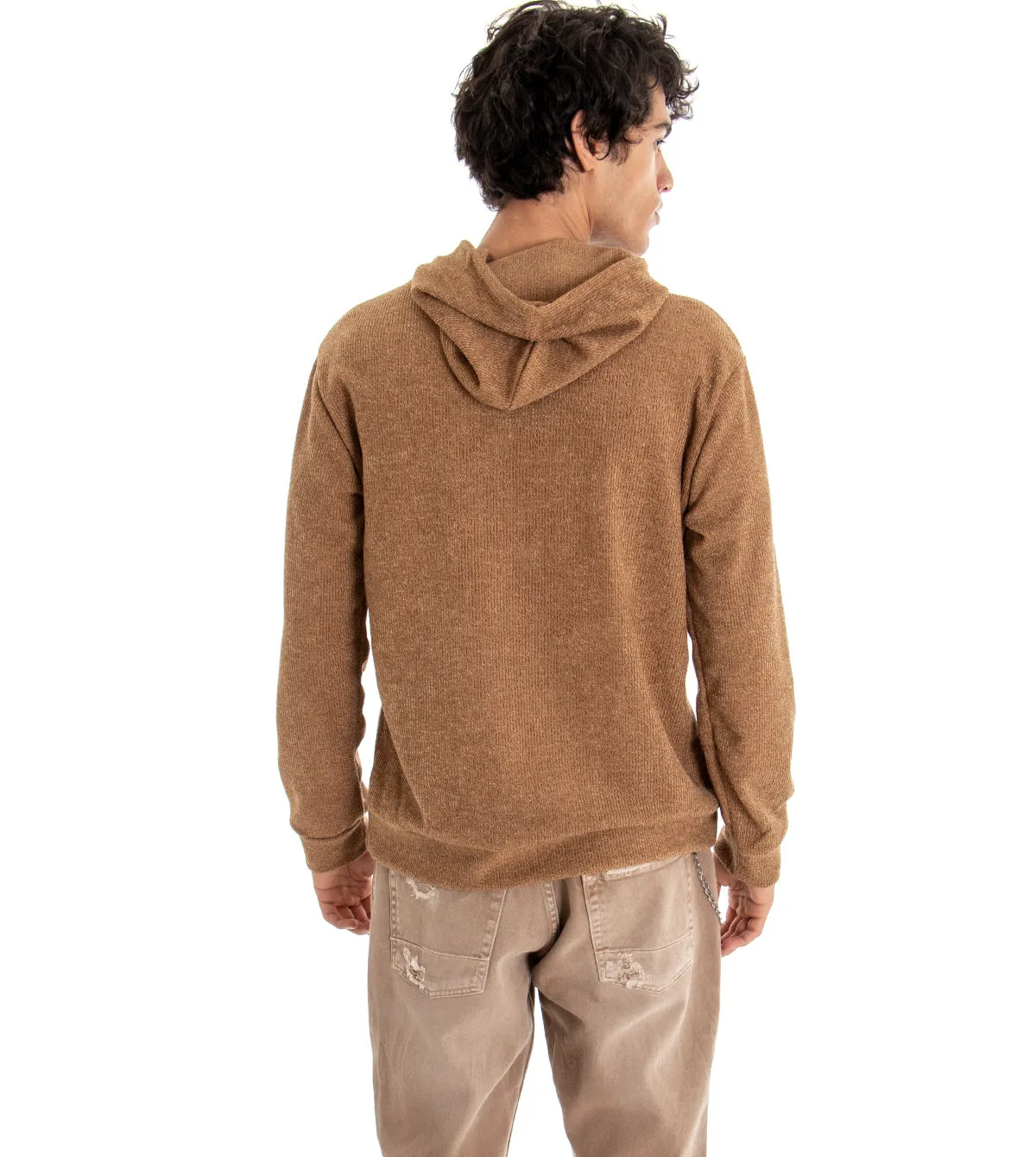 Felpa Uomo Con Cappuccio Maglia Velluto Costine Camel Regular Fit GIOSAL-F2672A