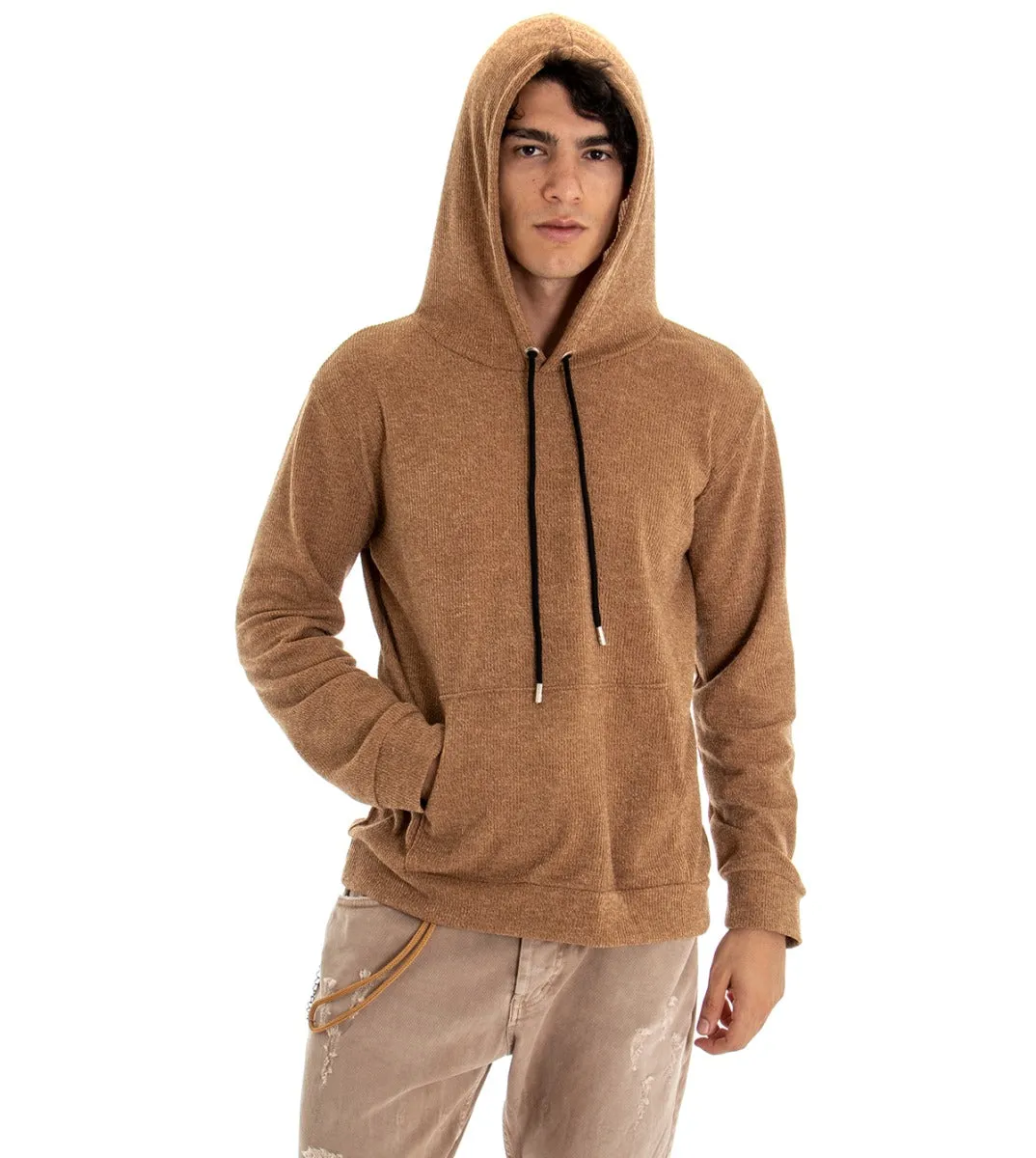 Felpa Uomo Con Cappuccio Maglia Velluto Costine Camel Regular Fit GIOSAL-F2672A