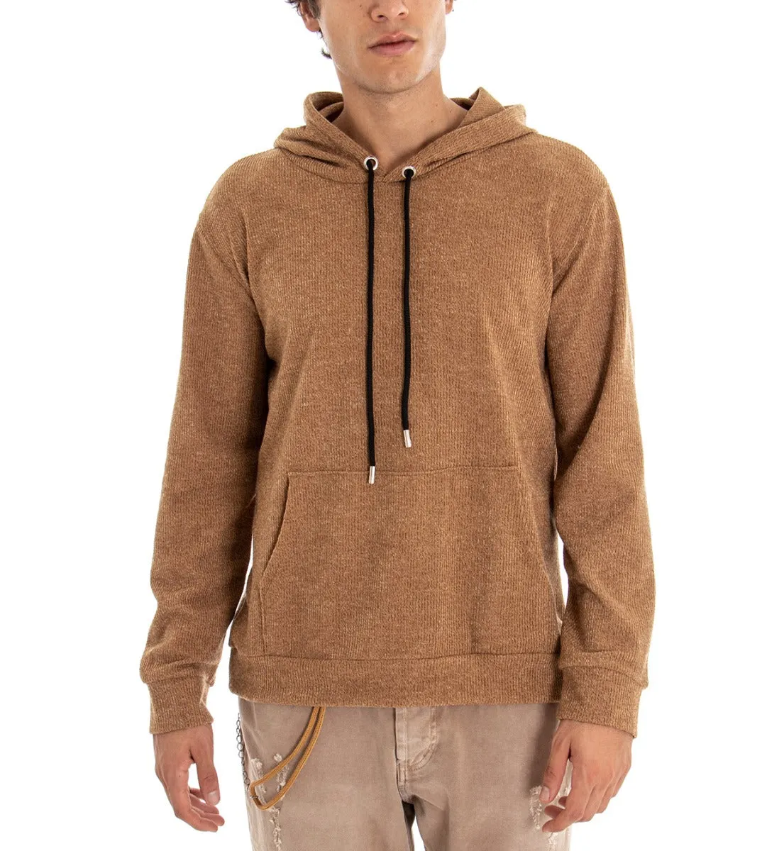 Felpa Uomo Con Cappuccio Maglia Velluto Costine Camel Regular Fit GIOSAL-F2672A